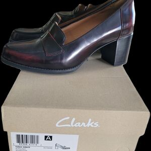 Clarks Women's Deep Burgundy Block Heel Loafers, New, Size 8.5